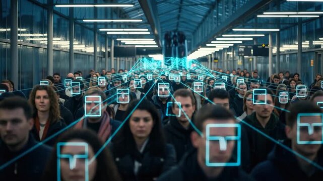 Crowded urban space with people displaying facial recognition technology. Face recognition scanning crowd   