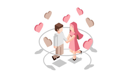 Isometric couple holding hands with hearts in romantic scene