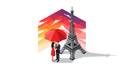 Romantic couple with umbrella and eiffel tower in parisian isometric scene