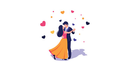 Romantic couple dancing with hearts: elegant flat art of love and celebration