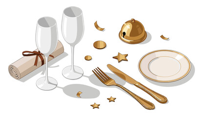 Elegant celebration setting with champagne glasses, gold cutlery, and festive decor