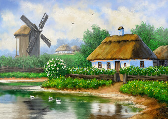 Traditional Ukrainian Rural Summer Landscape with a Thatched-Roof Hut, an Old Wooden Windmill, and Ducks Swimming on a Peaceful Pond. Idyllic Eastern European Countryside View: An Oil Painting 