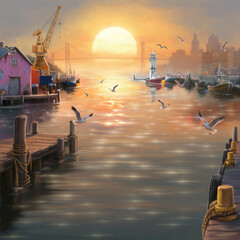 Cartoon Style Harbor Sunset with Seagulls and Fishing Boats. Port City Painting at Golden Hour with Lighthouse and Bridge Silhouette. Vibrant Oil Painting of a Marina Pier, Crane, and Shining Water.