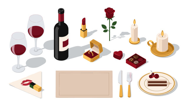 Romantic dinner scene with wine, rose, candle, and ring in isometric style