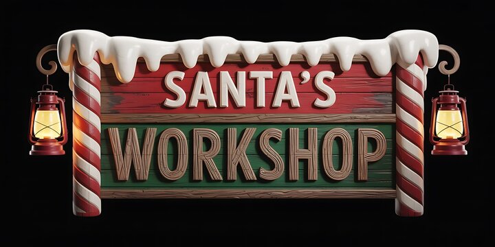 Festive santa s workshop wooden sign adorned with snow and illuminated by vintage lanterns on a dark background