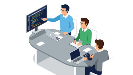 Team collaboration in modern workspace with coding and technology elements