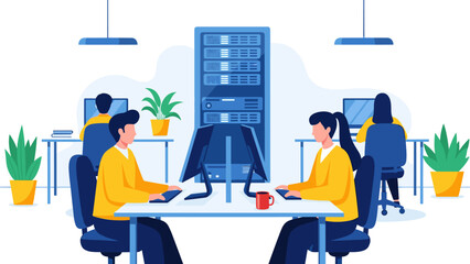Modern office teamwork with data servers and remote workstations