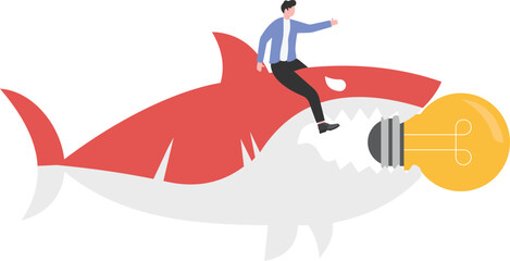 businessman sitting on a big fish with a light bulb, swimming in the sea with other sharks

