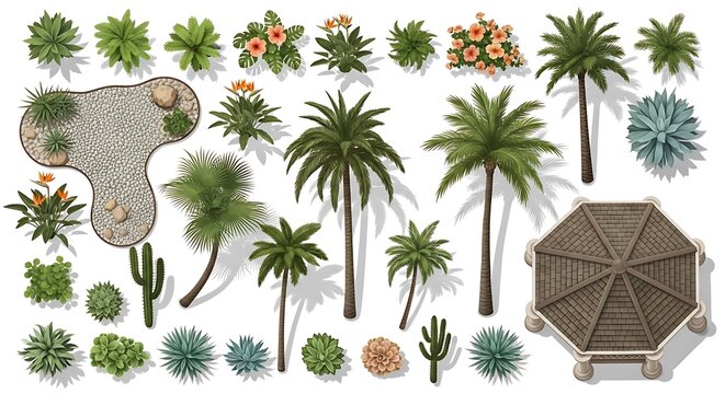 Collection of tropical plants and desert cacti with a stone wall and hut