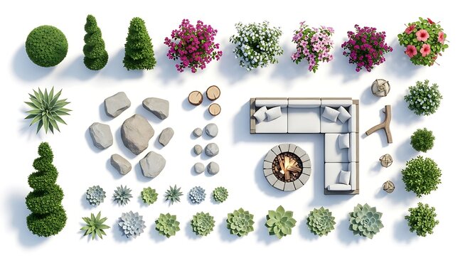 Top down view of outdoor furniture and landscaping elements