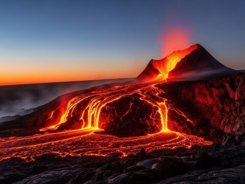 Active volcano eruption with glowing lava flow at sunset, nature's power display
