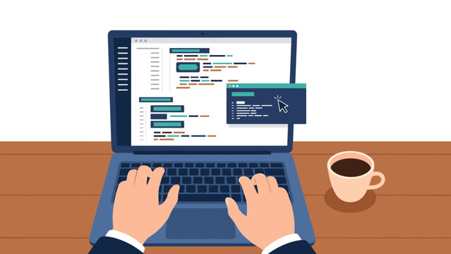 Person using laptop for coding with coffee cup on desk