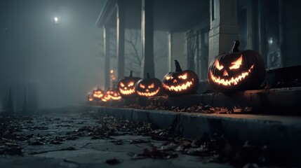 Eerie Halloween Night - Row of Glowing Jack-o-Lanterns on Porch Steps.