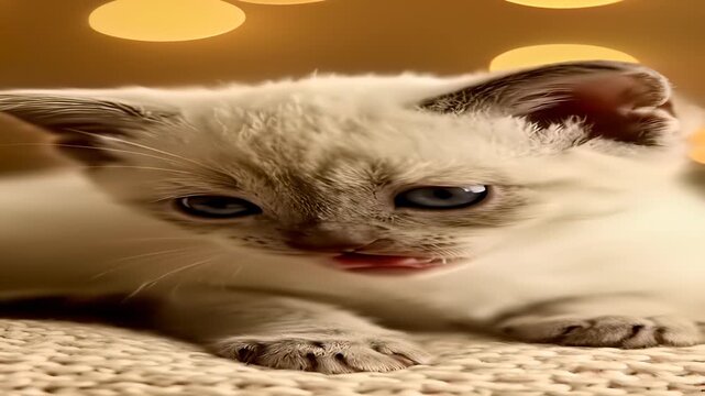 A serene and intimate portrait of a white cat with piercing blue eyes majestically lying on a soft blanket surrounded by warm Christmas lights capturing the innocence and vulnerability.