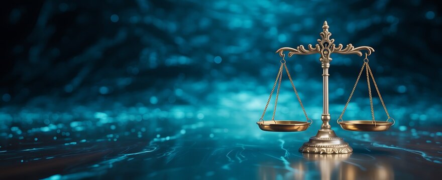 Symbol of justice the golden scales of balance illuminated against a dark abstract background with glowing blue digital elements