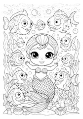 Fototapeta premium Baby mermaid surrounded by caring fish. Coloring book