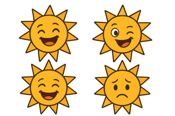 Sun emoji characters expressing happy, winking, and sad emotions, vector illustration on transparent background
