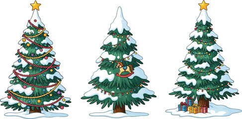 Snow-covered decorated Christmas trees with lights, ornaments, and gifts, festive holiday illustration for winter celebration and seasonal design projects