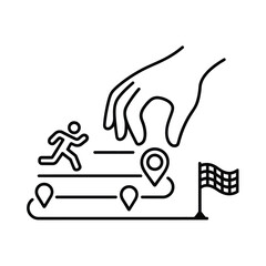 Hand guiding runner along a path to a finish line