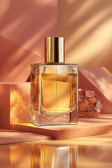 Elegant Perfume Bottle on Warm-Toned Surface with Soft Lighting.