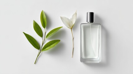 Elegant Perfume Bottle with Floral Accents on White Background.