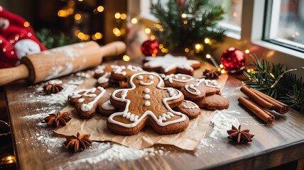 Festive christmas gingerbread cookies decorated with icing and cinnamon sticks arranged on a wooden table with blurred festive lights