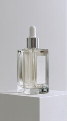 Elegant Serum Bottle on White Cube - Minimalist Beauty and Skincare.