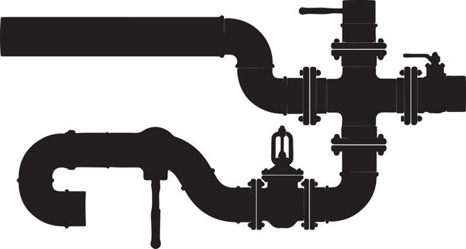 Silhouette of industrial plumbing system with various pipes, valves, and flanges