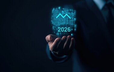 Businessman holding an interactive digital projection showing economic growth forecast for the year 2026, representing future vision and technology