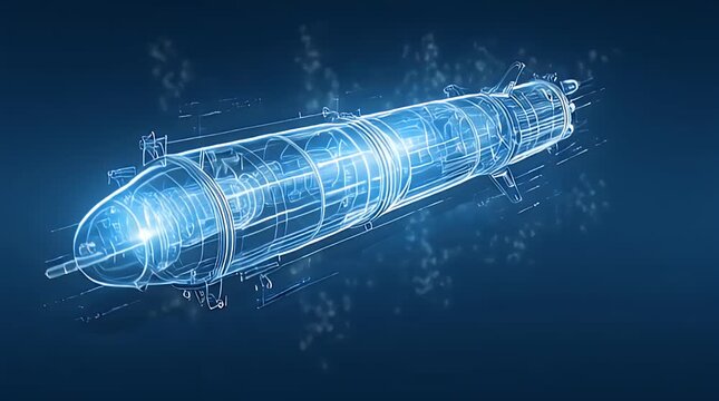 A detailed schematic illustration of a futuristic missile or rocket, rendered in a blue color scheme