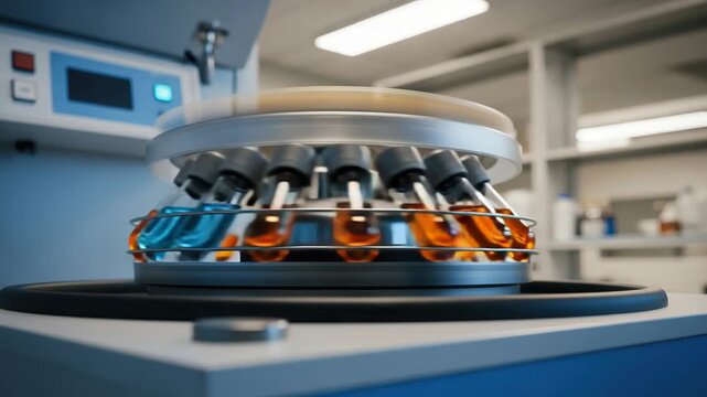 Laboratory equipment with vials rotating on a centrifuge machine. Spinning centrifuge with test tubes  