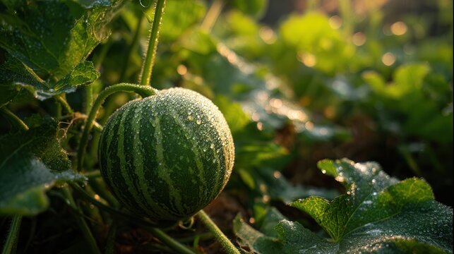 Fresh green melon growing on a farm, covered in morning dew, surrounded by lush green leaves in soft golden sunlight, vibrant natural colors, ultra-realistic texture