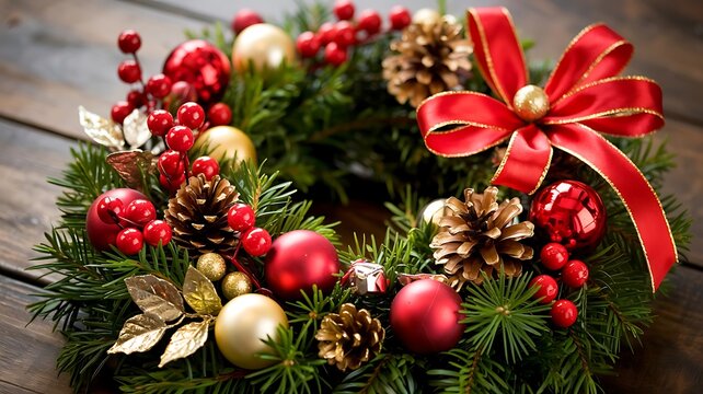 A festive christmas wreath adorned with red berries golden ornaments pinecones and a large red bow sits on a rustic wooden surface - Powered by Adobe