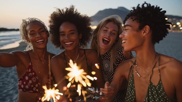 A lively group of friends enjoys a delightful evening on the beach, lighting sparklers and sharing laughter as the sun sets behind the waves and mountains