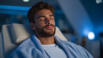 A man receiving LED facial therapy in a sleek dermatology clinic, showing inclusive skincare spaces designed for all genders — modern men’s skincare, LED rejuvenation, and clinical-grade beauty