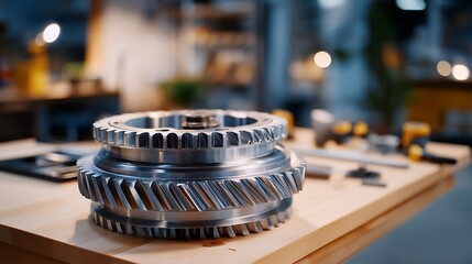 A planetary gear system displayed on an engineering workbench, labeled schematics and tools surrounding it as an engineer explains rotational mechanics — educational engineering, mechanical design,