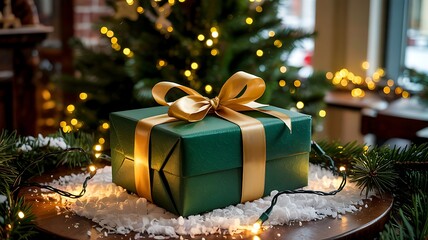 Festive green christmas gift box with golden ribbon and bow sits on a bed of snow and fairy lights with a blurred bokeh christmas tree in the background