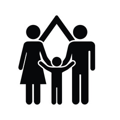 A black icon depicting a family of three, with a roof shape above them, symbolizing protection and home.