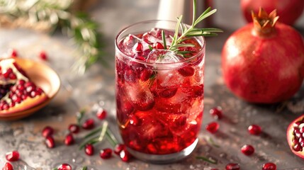 A pomegranate cocktail with ice and a rosemary sprig next to whole and sliced pomegranates on a table