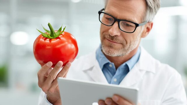 In a modern laboratory, a male microbiologist in safety glasses closely examines a vibrant red tomato. Using his tablet, he studies its properties, blending science with agriculture