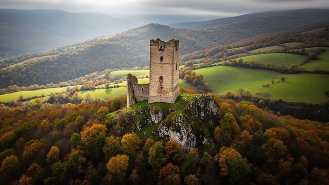 Aerial view of a weathered castle tower atop a rocky hill surrounded by autumn foliage and rolling hills - Powered by Adobe