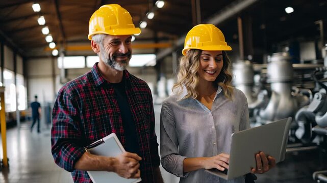 Two skilled engineers, a man and a woman, are engaged in a lively discussion while wearing hard hats. They walk through an industrial setting filled with machinery and focus on their project