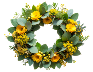 Minimalist Spring Wreath with Yellow Eucalyptus Clusters, Top-Down Flat Lay, Isolated on Transparent Background.