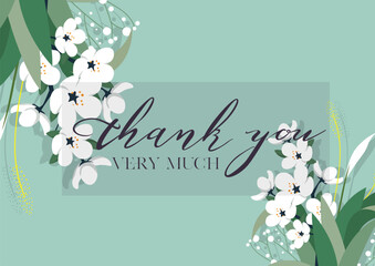 Elegant thank you very much card with delicate white flowers and green leaves on a pastel teal background design