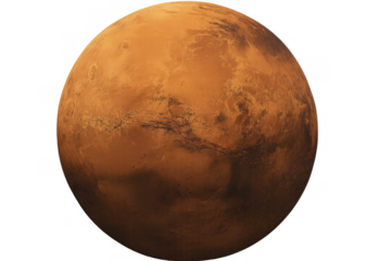 Mars, the fourth planet from the sun, orbiting in cosmic deep space. Featuring its distinct red-orange surface and craters, on a transparent background