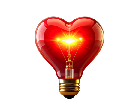  Red Heart Idea Bulb with Decorative Spark Elements for Love-Themed Concepts, transparent background.