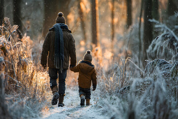 father and child boy in winter forest with parents and kids love relationship having warm clothes for cold climate