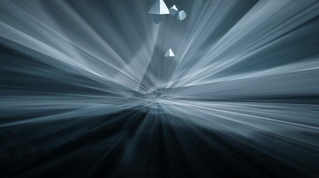 A dynamic, abstract scene with geometric shapes amidst converging light and shadowy, graduated tones