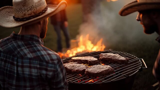 Two men wearing cowboy hats focus intently on grilling delectable steaks over an open flame as the sun sets, creating a warm and inviting outdoor atmosphere