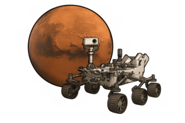 Mars rover exploring the red planet, performing scientific research and cosmic discovery on transparent background